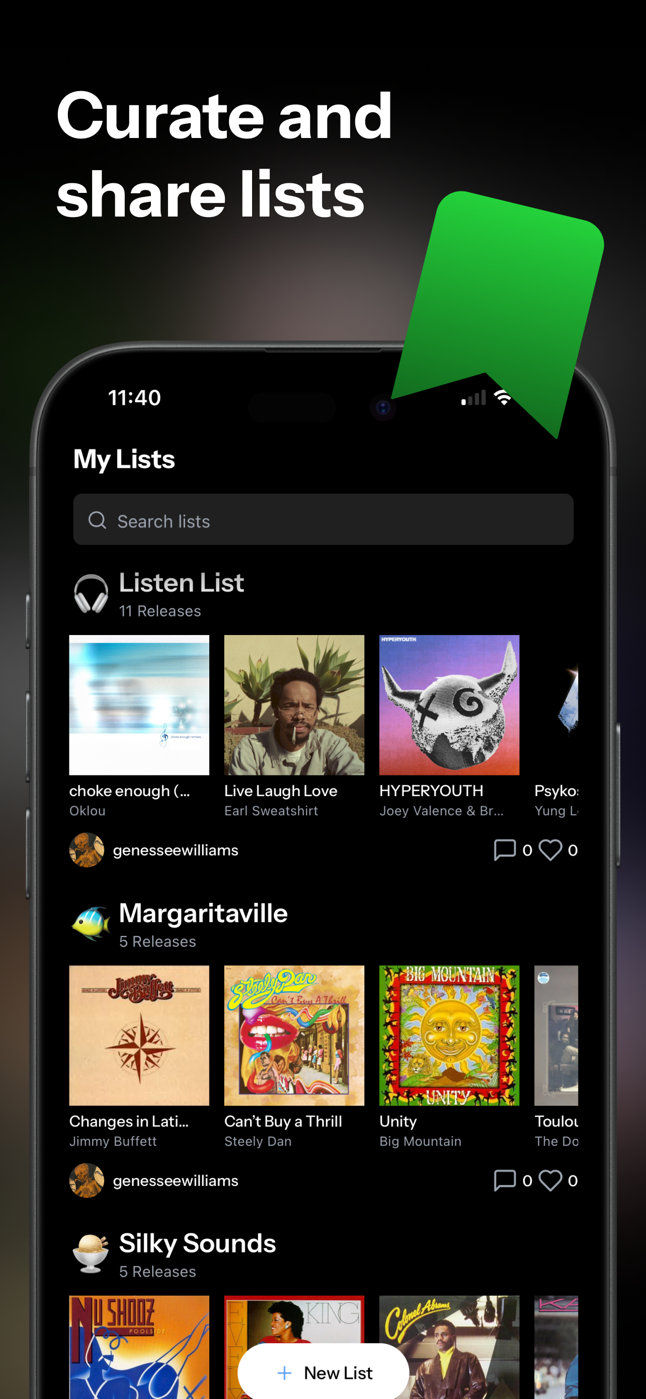 Tapehead list builder screen with custom playlists.