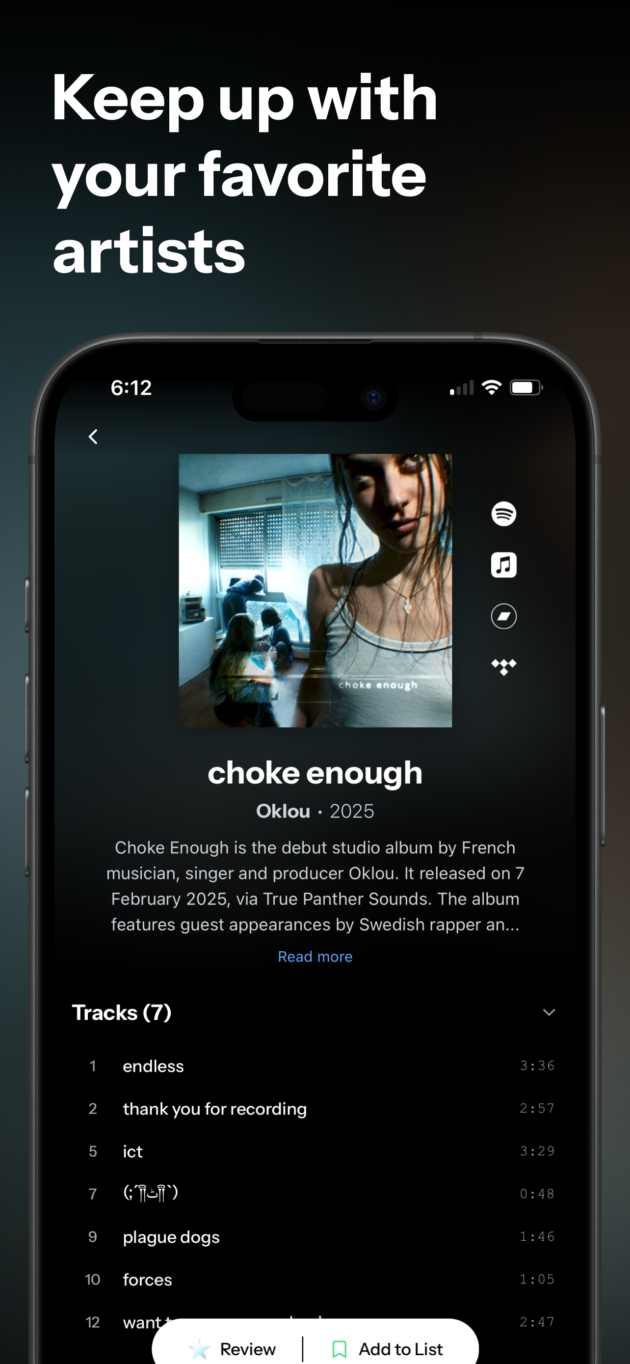 Tapehead app screen highlighting favorite artists.